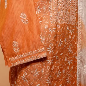 Bright Orange Coimbatore Cotton Chikankari Suit Set – 4 Piece