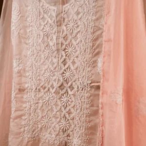 Peach Silk Organza Unstitched 4 Pc Suit Set with Ghaspatti & Fanda Embroidery