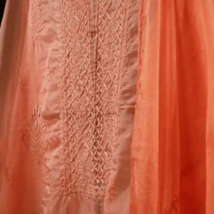 Red Silk Organza Unstitched 4 Pc Suit Set with Bakhiya & Ghaspatti Embroidery