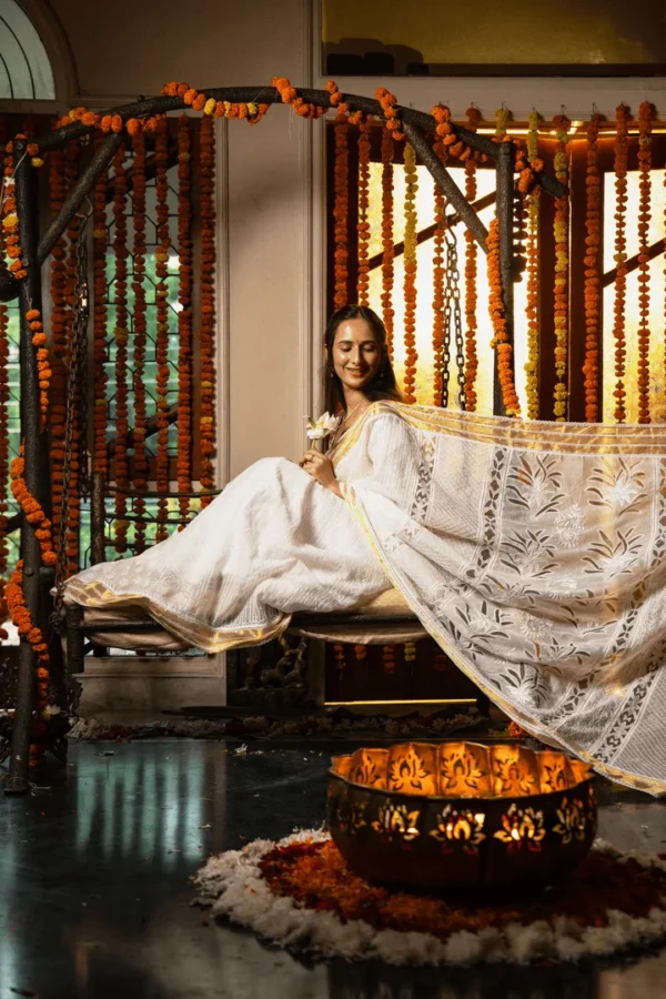 Kota Chikankari Saree for Onam with Elegant Cutwork Detailing - Image 4