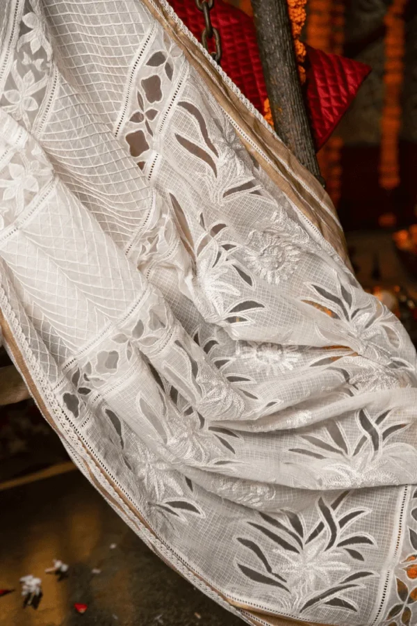 Kota Chikankari Saree for Onam with Elegant Cutwork Detailing - Image 6