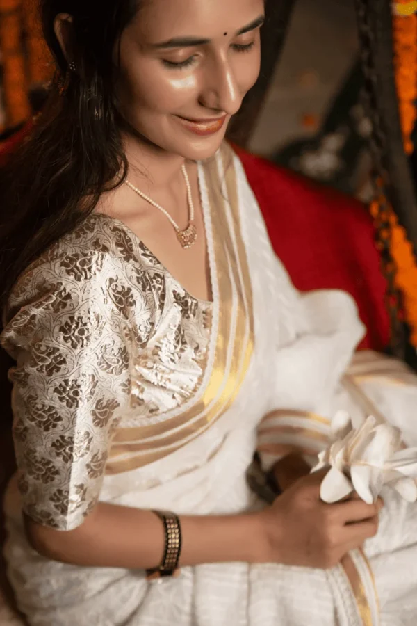Kota Chikankari Saree for Onam with Elegant Cutwork Detailing - Image 10