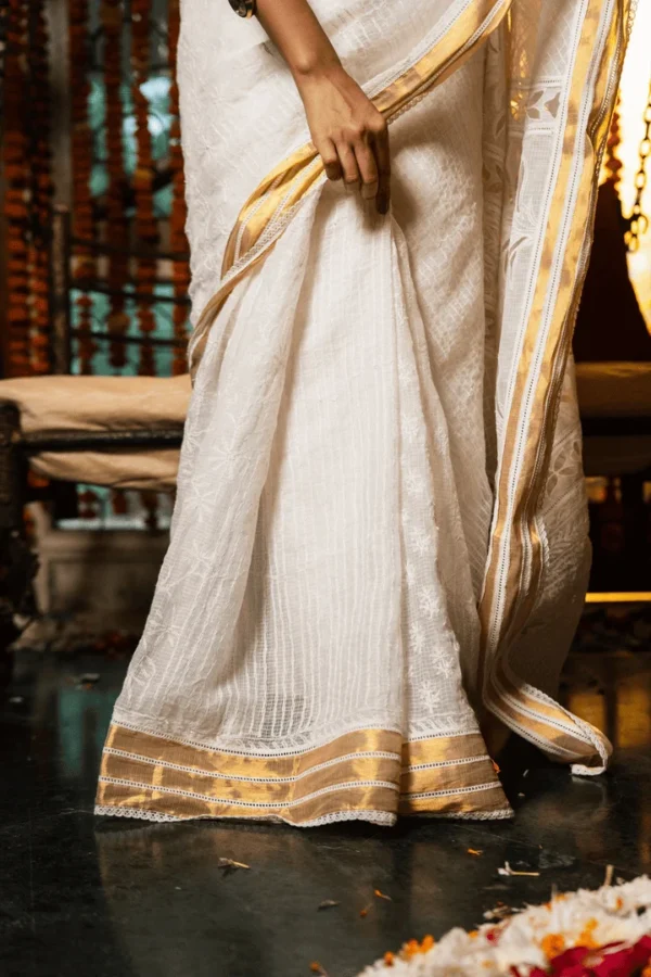 Kota Chikankari Saree for Onam with Elegant Cutwork Detailing - Image 3
