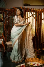 Golden Tissue Saree with Chikankari Embroidery for Onam