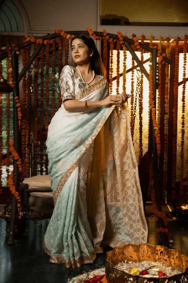 Golden Tissue Saree with Chikankari Embroidery for Onam - Image 1