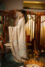 Golden Tissue Saree with Chikankari Embroidery for Onam - Image 2