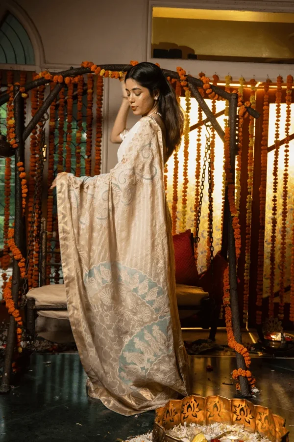 Golden Tissue Saree with Chikankari Embroidery for Onam - Image 2
