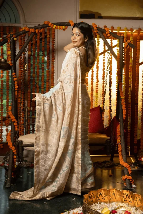 Golden Tissue Saree with Chikankari Embroidery for Onam - Image 3