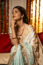Golden Tissue Saree with Chikankari Embroidery for Onam - Image 4