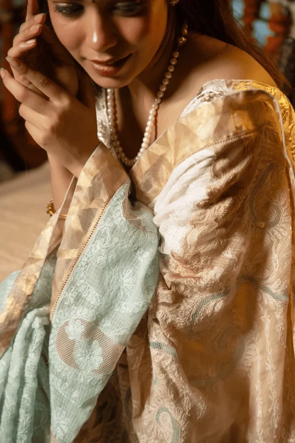 Golden Tissue Saree with Chikankari Embroidery for Onam - Image 5