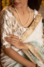 Golden Tissue Saree with Chikankari Embroidery for Onam - Image 6