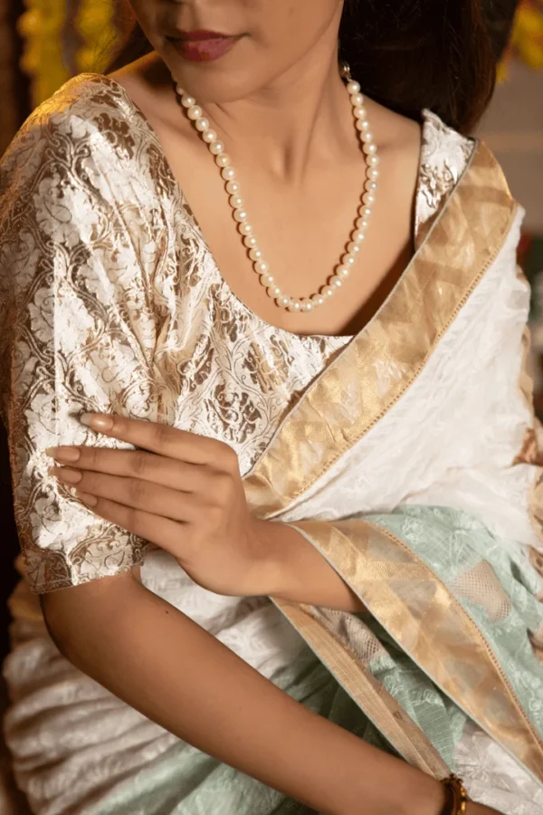 Golden Tissue Saree with Chikankari Embroidery for Onam - Image 6