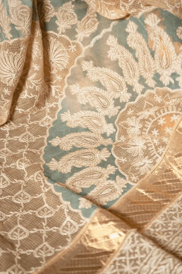 Golden Tissue Saree with Chikankari Embroidery for Onam - Image 8