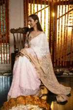 Handcrafted Chikankari Saree with Golden Tissue Border for Onam