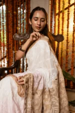 Handcrafted Chikankari Saree with Golden Tissue Border for Onam - Image 8
