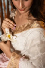 Handcrafted Chikankari Saree with Golden Tissue Border for Onam - Image 7