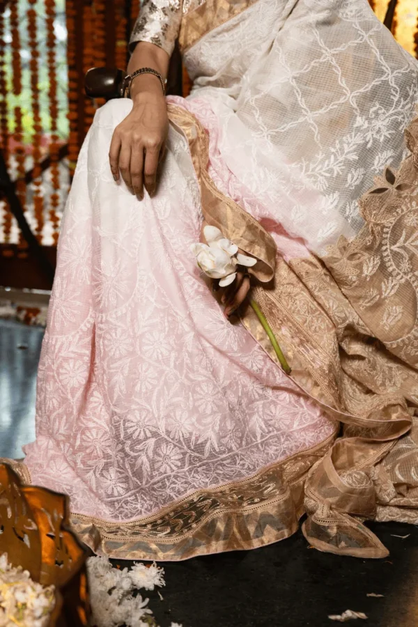 Handcrafted Chikankari Saree with Golden Tissue Border for Onam - Image 6