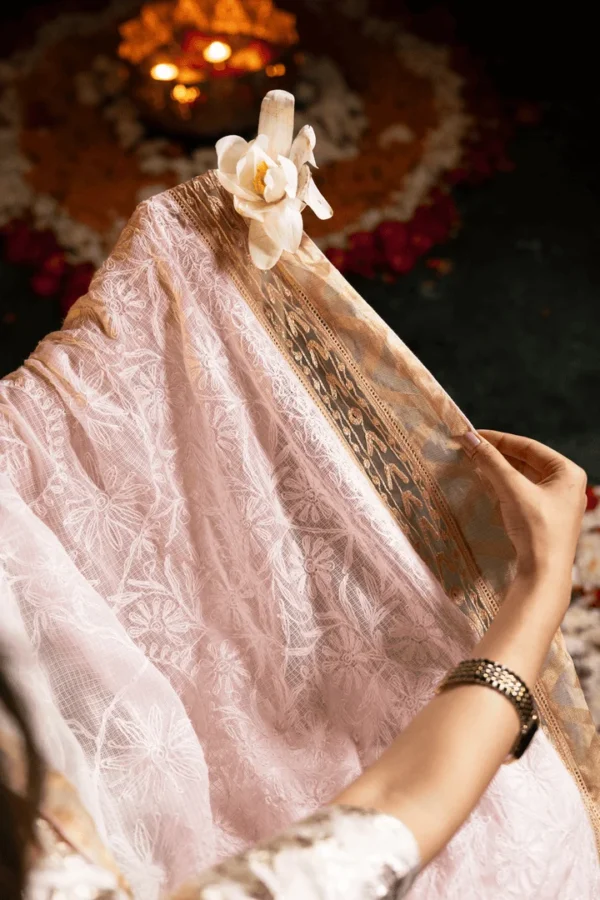 Handcrafted Chikankari Saree with Golden Tissue Border for Onam - Image 5