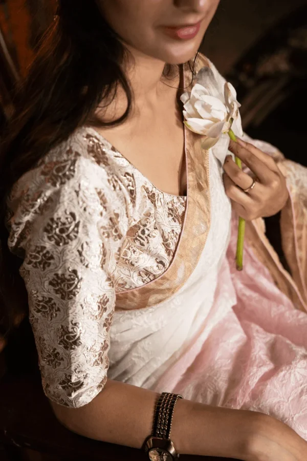 Handcrafted Chikankari Saree with Golden Tissue Border for Onam - Image 4