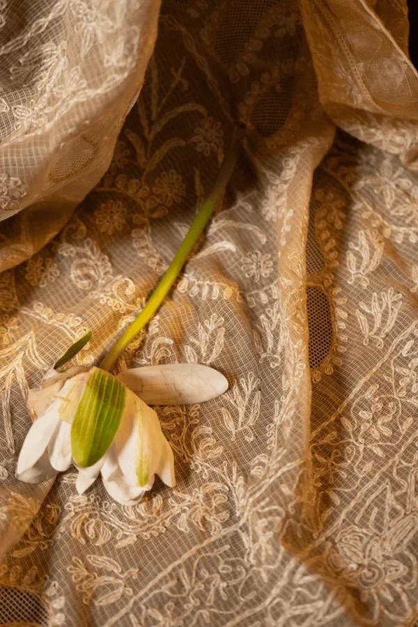 Handcrafted Chikankari Saree with Golden Tissue Border for Onam - Image 3
