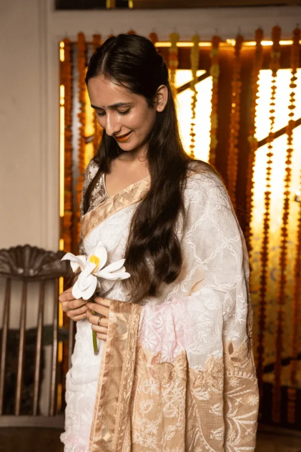 Handcrafted Chikankari Saree with Golden Tissue Border for Onam - Image 2