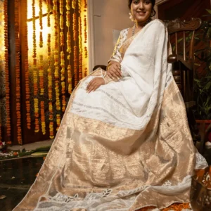 Onam Festive Saree in Kota Chikankari with Golden Accents