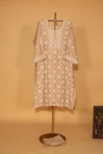 Beige Silk Organza Semi-Stitched Suit Set with Heavy Sequins - Image 4