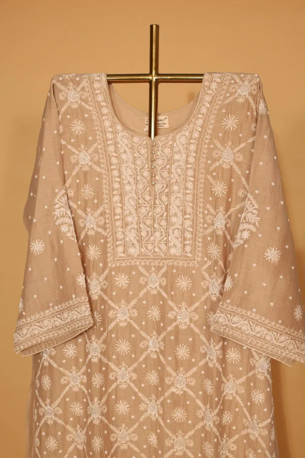 Beige Silk Organza Semi-Stitched Suit Set with Heavy Sequins - Image 2