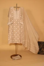 Beige Silk Organza Semi-Stitched Suit Set with Heavy Sequins