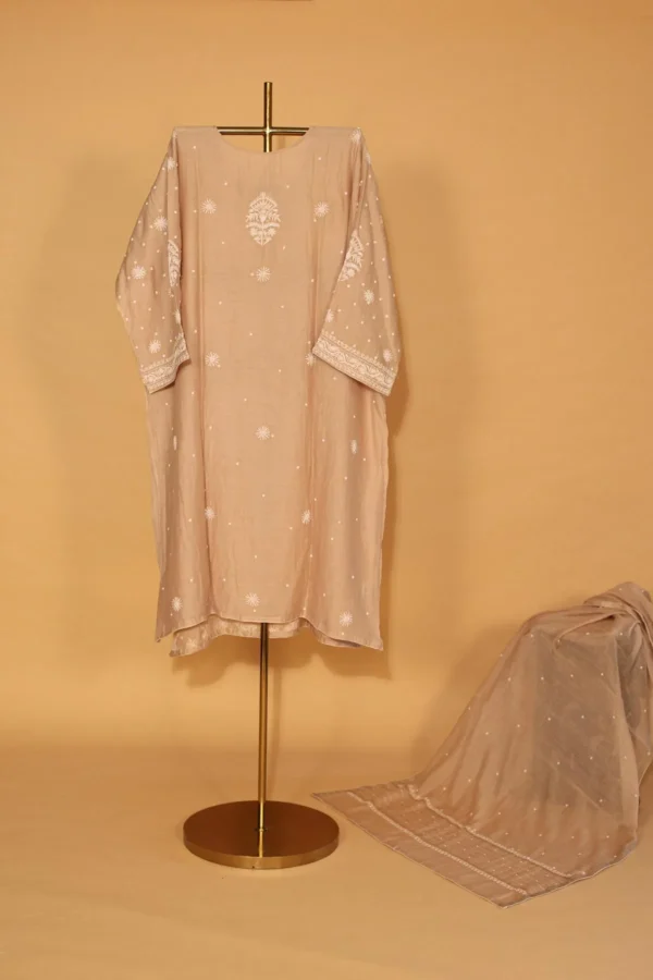 Beige Silk Organza Semi-Stitched Suit Set with Heavy Sequins - Image 5