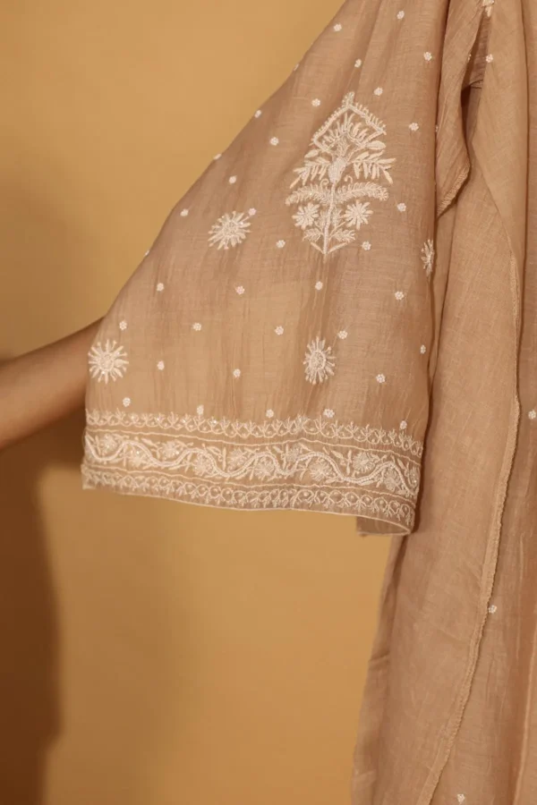 Beige Silk Organza Semi-Stitched Suit Set with Heavy Sequins - Image 3
