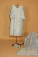 Turquoise Chanderi Silk Sequined Suit Set – Semi-Stitched 3 Pc - Image 2