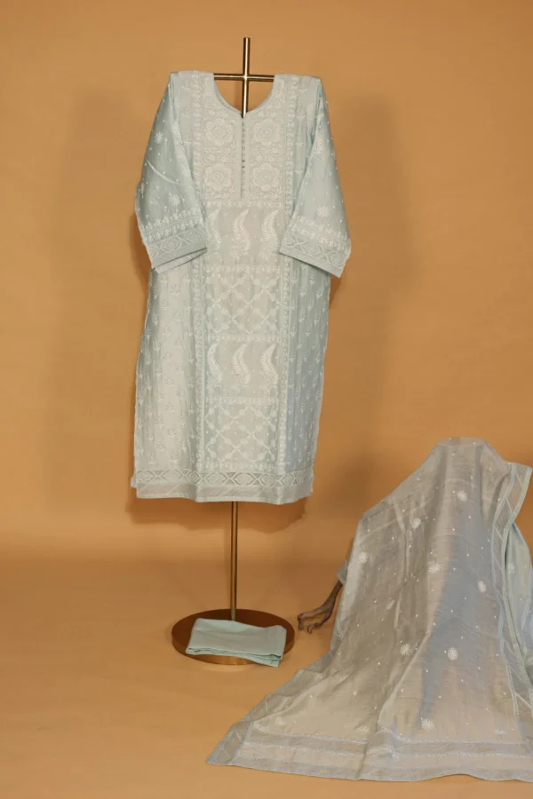 Turquoise Chanderi Silk Sequined Suit Set – Semi-Stitched 3 Pc - Image 2