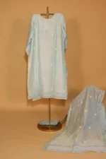 Turquoise Chanderi Silk Sequined Suit Set – Semi-Stitched 3 Pc - Image 5