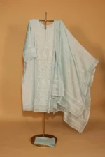 Turquoise Chanderi Silk Sequined Suit Set – Semi-Stitched 3 Pc