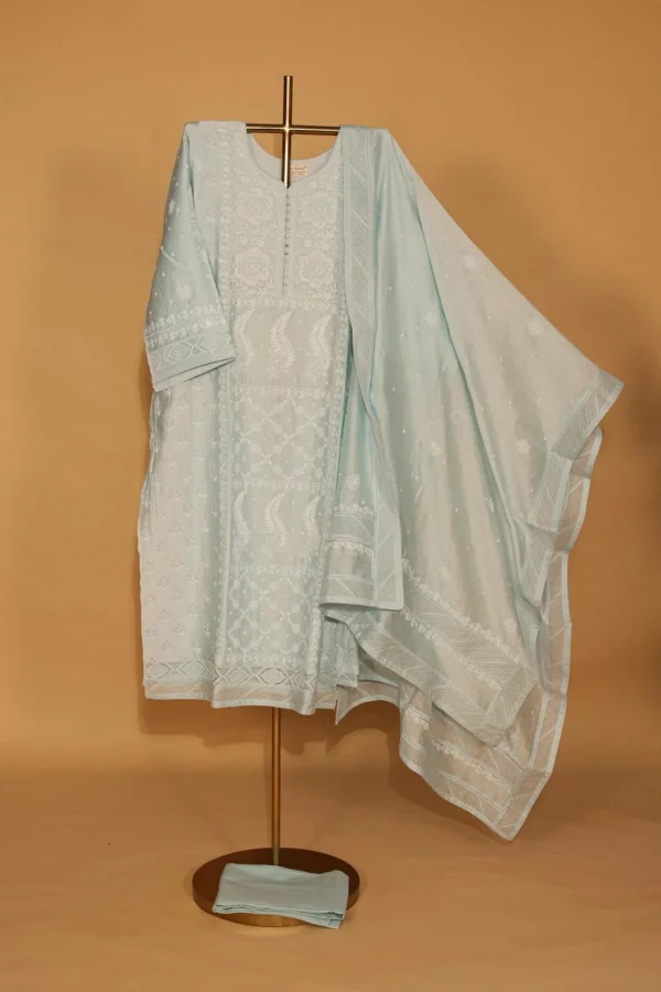 Turquoise Chanderi Silk Sequined Suit Set – Semi-Stitched 3 Pc - Image 1