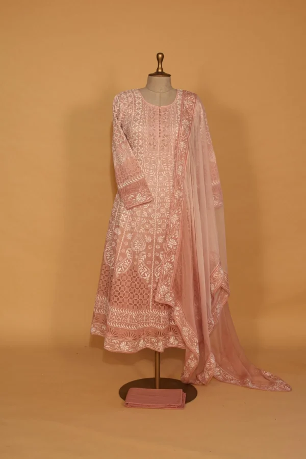 Pink Silk Organza Stitched Suit Set with Sequins Embroidery - Image 4