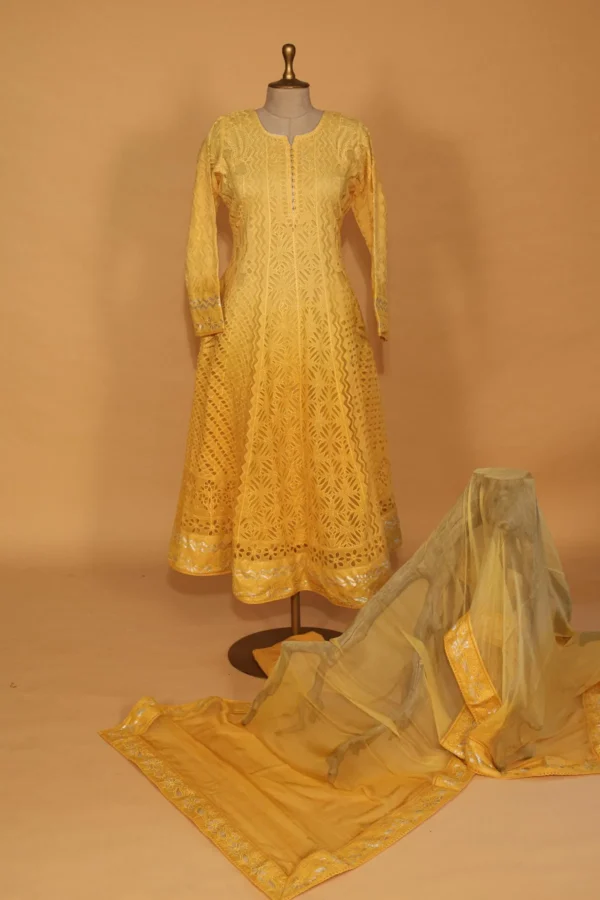 Yellow Voil Anarkali Full Flared 3 Pc Set with Elegant Embroidery - Image 1