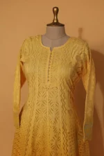 Yellow Voil Anarkali Full Flared 3 Pc Set with Elegant Embroidery - Image 2