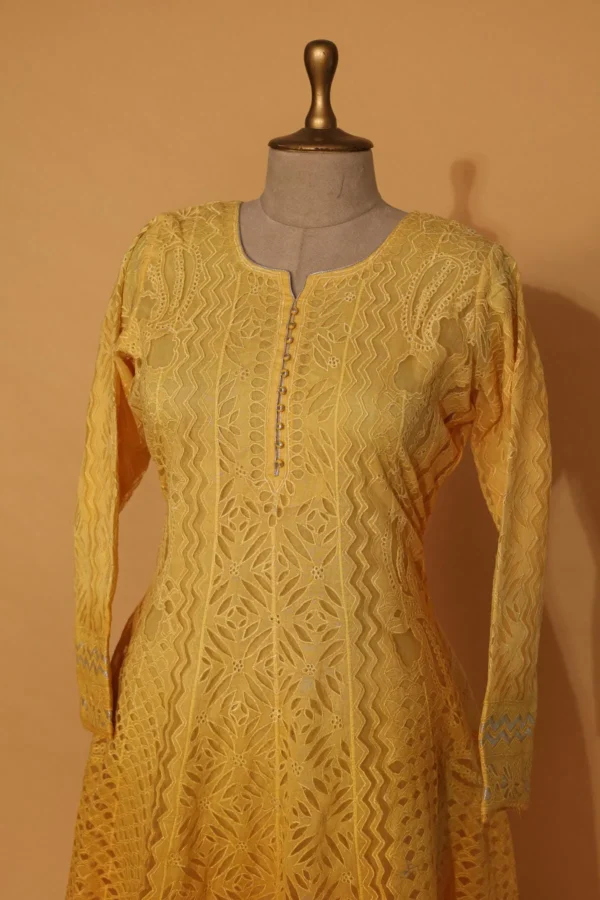Yellow Voil Anarkali Full Flared 3 Pc Set with Elegant Embroidery - Image 2