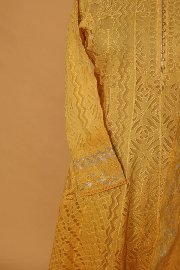 Yellow Voil Anarkali Full Flared 3 Pc Set with Elegant Embroidery - Image 4