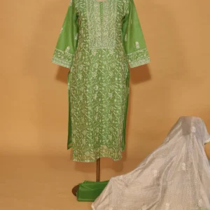 Green Coimbatore Cotton Chikankari Suit Set – 3 Pc Stitched Ethnic Wear