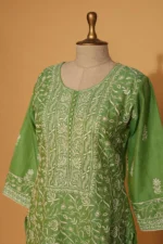 Green Coimbatore Cotton Chikankari Suit Set – 3 Pc Stitched Ethnic Wear - Image 2