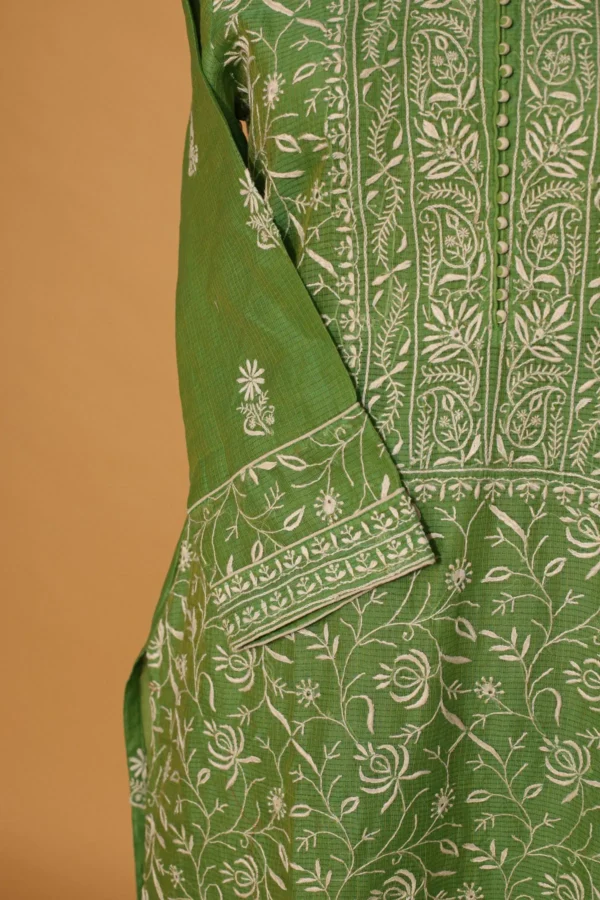 Green Coimbatore Cotton Chikankari Suit Set – 3 Pc Stitched Ethnic Wear - Image 3