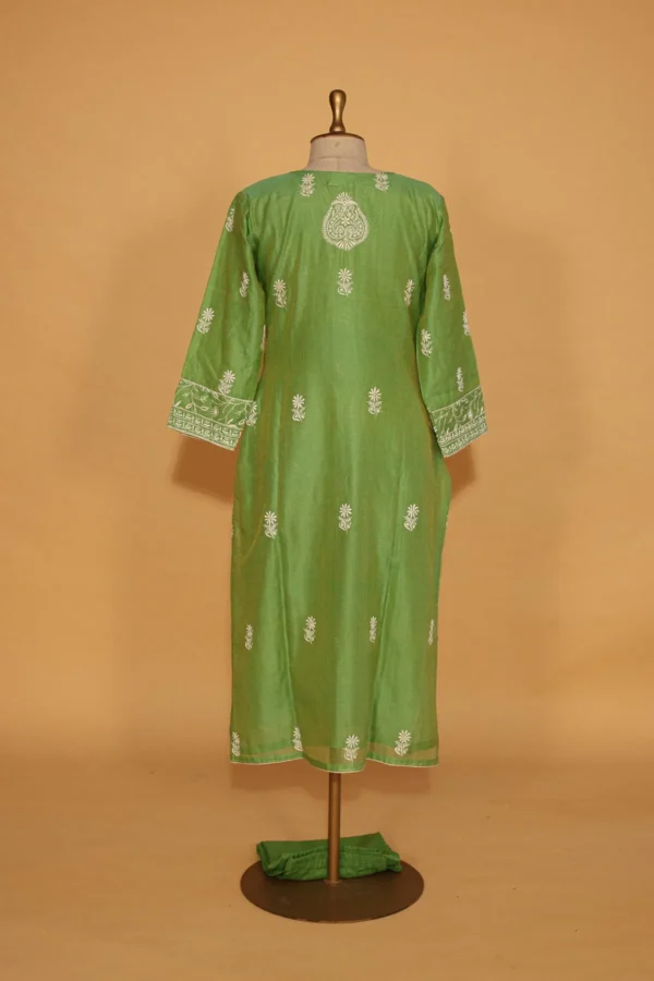 Green Coimbatore Cotton Chikankari Suit Set – 3 Pc Stitched Ethnic Wear - Image 4