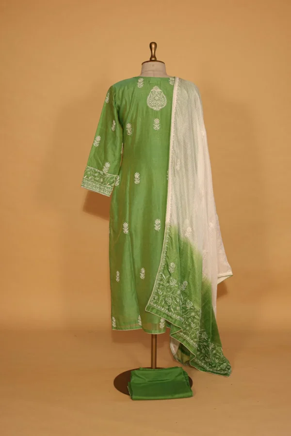 Green Coimbatore Cotton Chikankari Suit Set – 3 Pc Stitched Ethnic Wear - Image 5