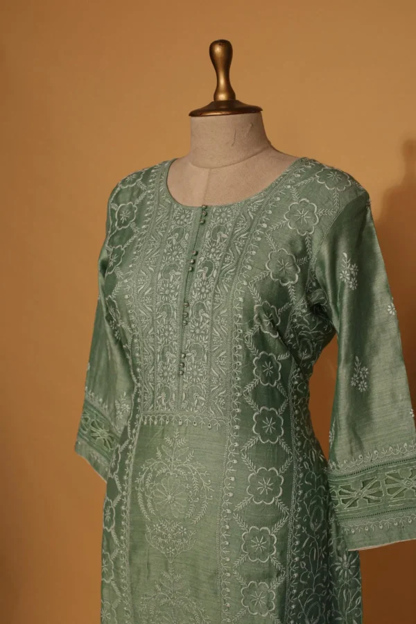 Mint Green Tussar Silk Suit Set – 3 Pc Stitched with Elegant Work - Image 2