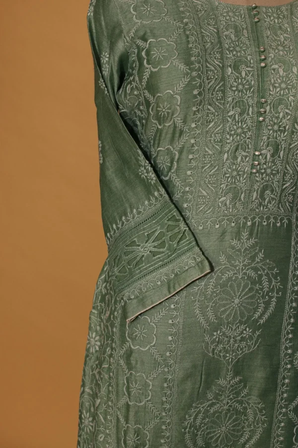 Mint Green Tussar Silk Suit Set – 3 Pc Stitched with Elegant Work - Image 3
