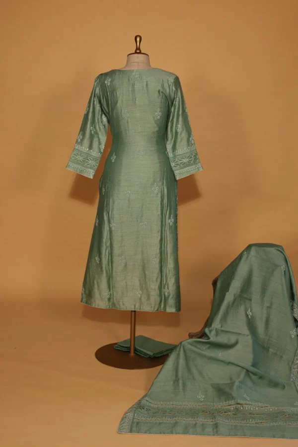Mint Green Tussar Silk Suit Set – 3 Pc Stitched with Elegant Work - Image 1