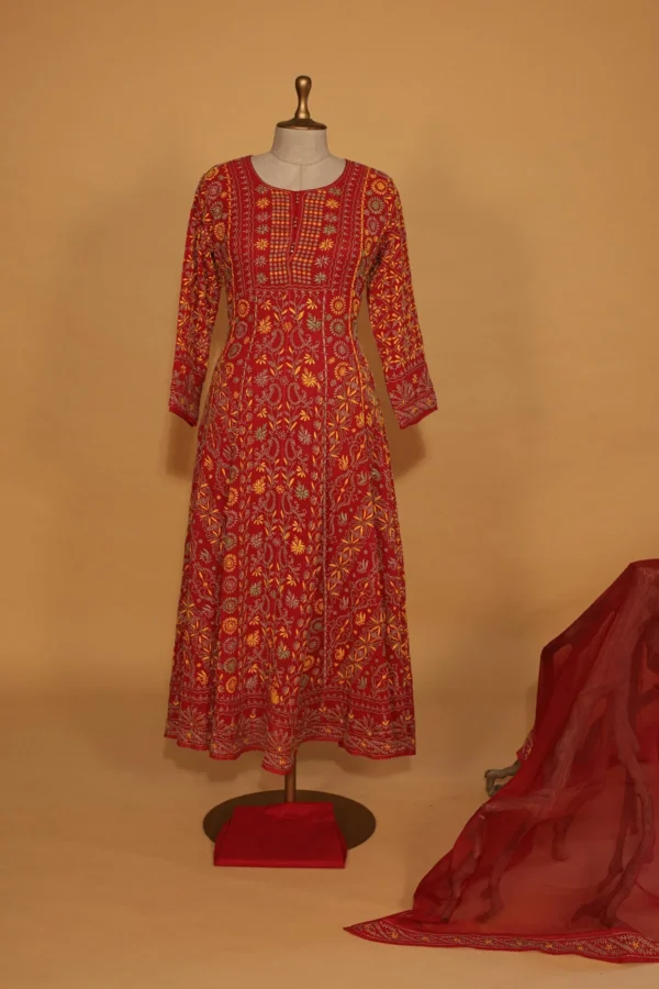 Bright Red Georgette Anarkali Set with Chikankari Embroidery - Image 3